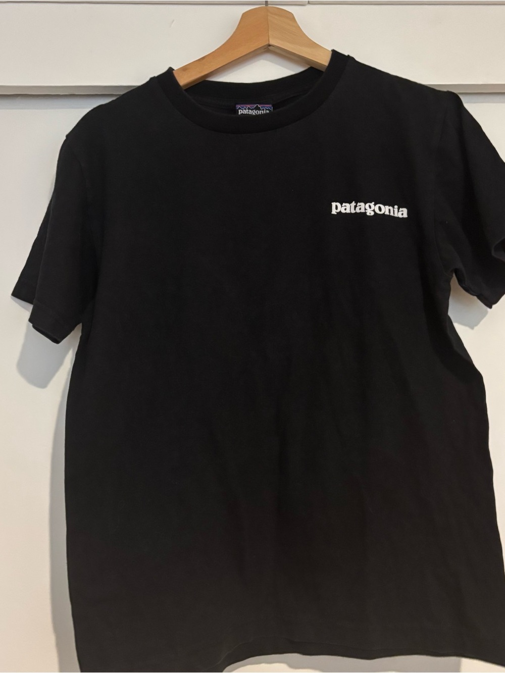 Patagonia Black Tee with Multicolor Mountain Label Size S